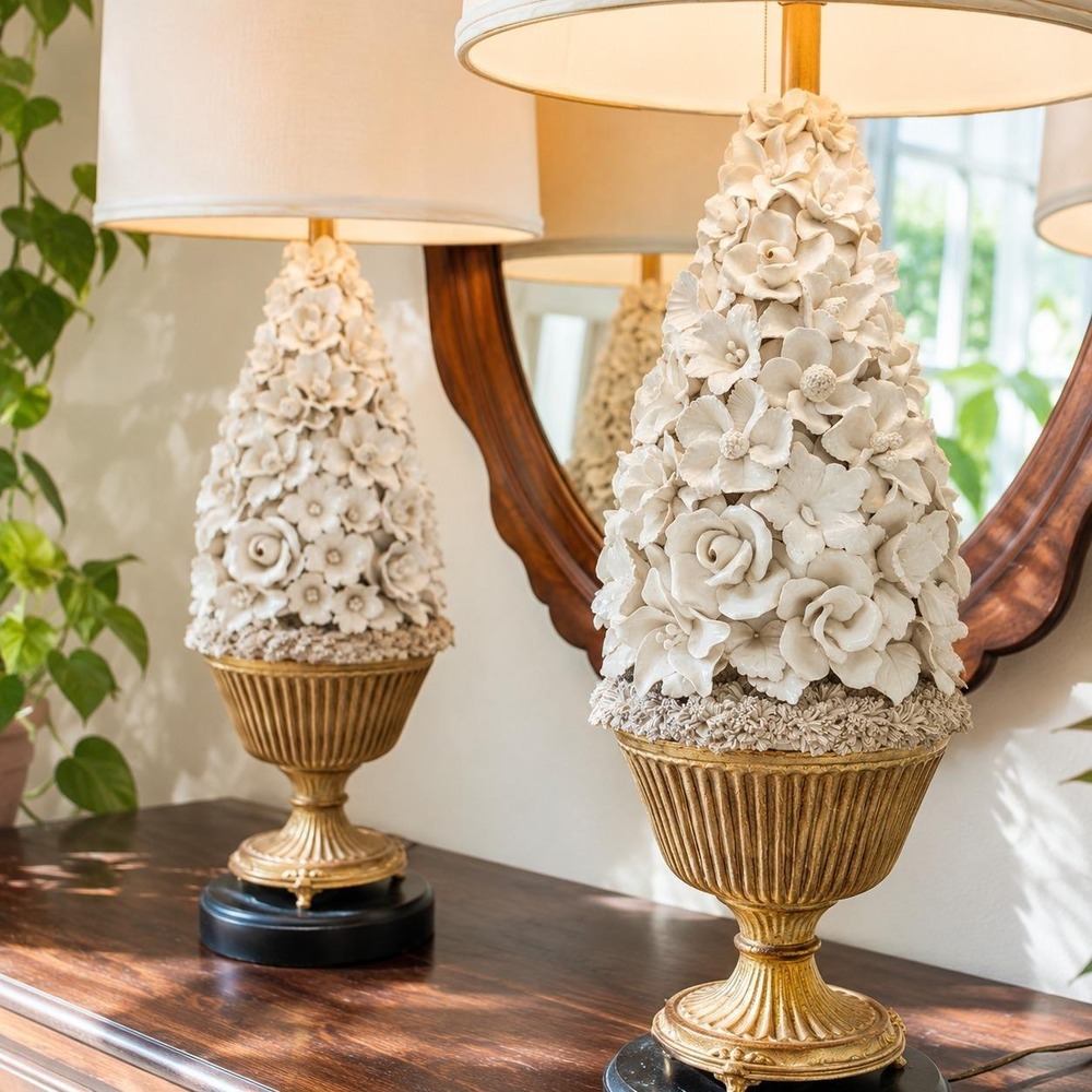 Rare Pair Vintage Porcelain Floral Table Lamps Hollywood Regency Ceramic Flowers